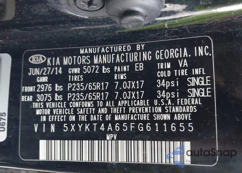 2015 Kia Sorento Lx from USA, damaged, VIN 5XYKT4A65FG611655